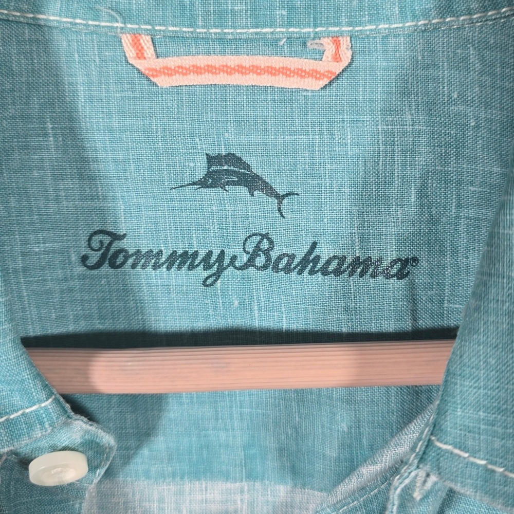 Tommy Bahama Linen Button Down Shirt Mens Medium Teal Blue‎ Long Sleeve Pocket - Picture 4 of 7